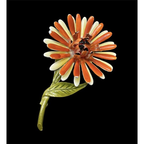 Vintage Flower Enamel Calendula Oversized Brooch Pin Bouquet Orange Figural - Picture 8 of 8